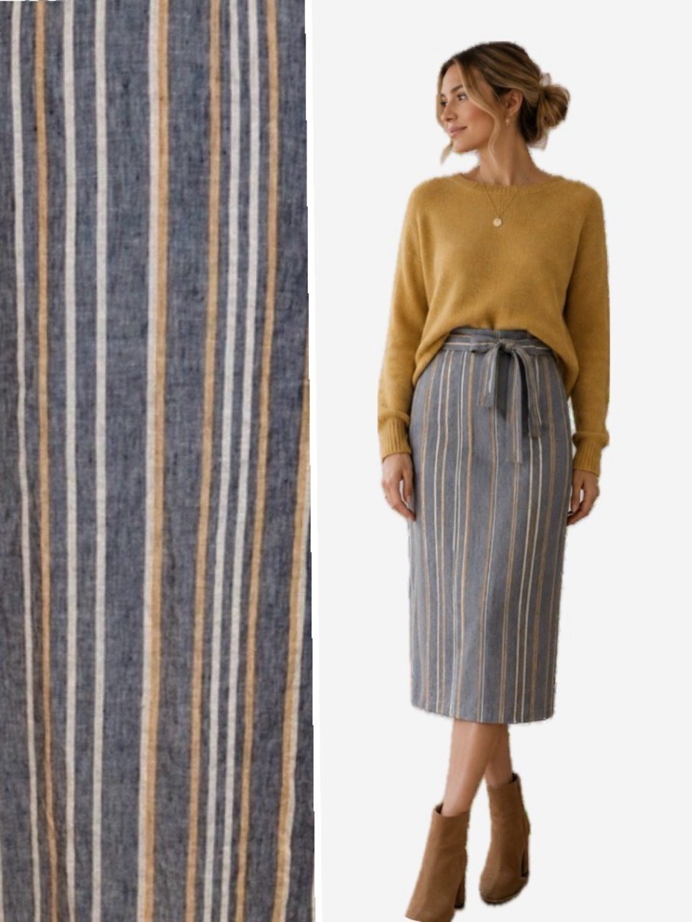 Wrap London, 100% Linen Stripped gray, mustard and Cream Maxi Skirt, Size 10